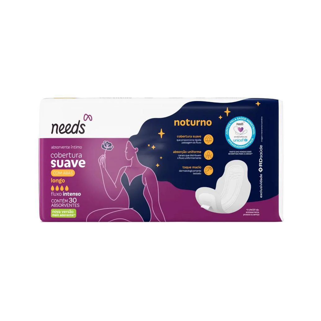 Absorvente Noturno Needs Cobertura Suave com Abas 30 Unidades