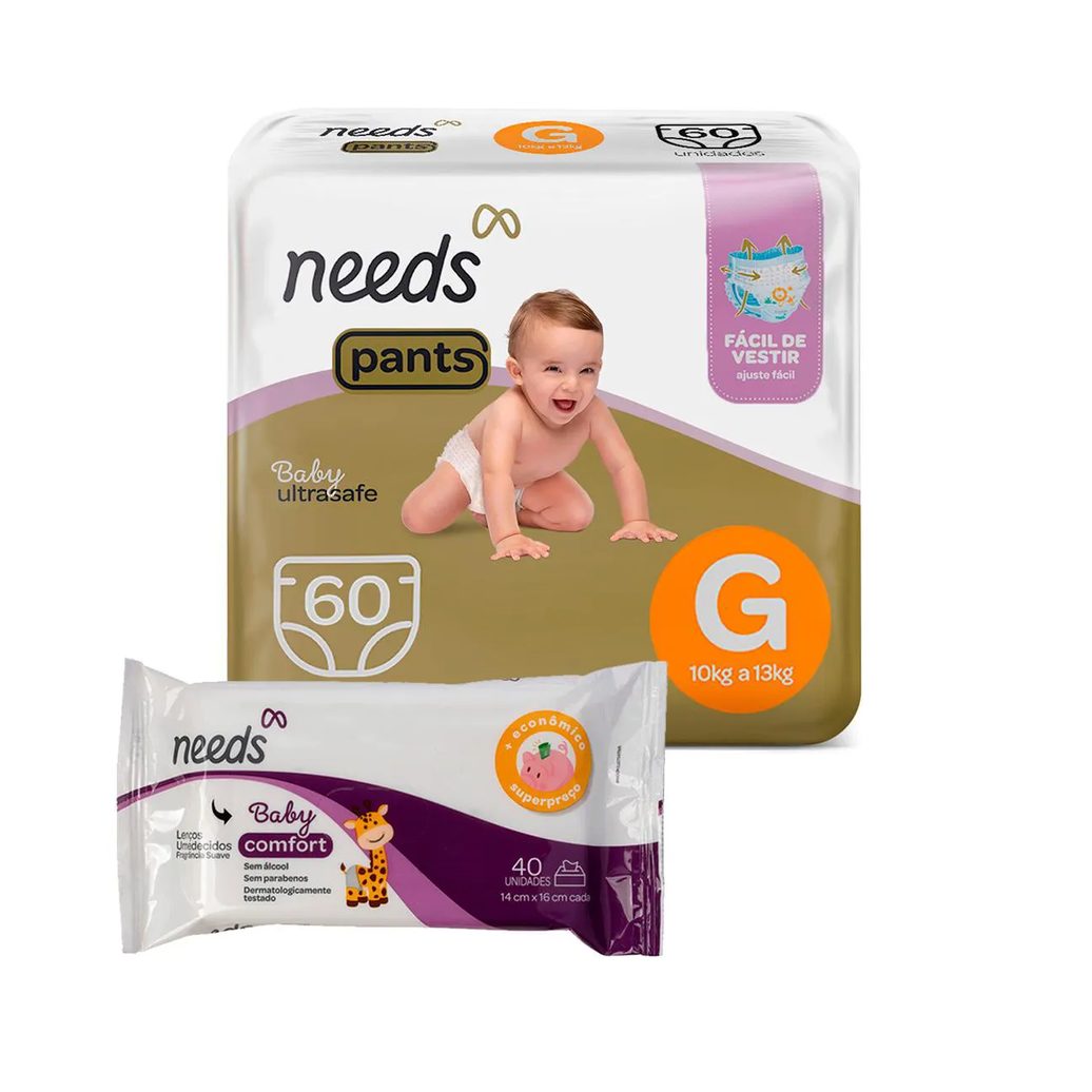 Kit Fralda Calça Needs Ultrasafe G 60 un + Lenço Umedecido Needs Comfort 40 un