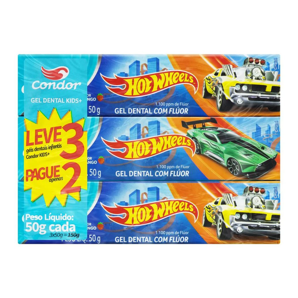 Gel Dental Condor Kids Hot Wheels Morango 50g 3 unidades