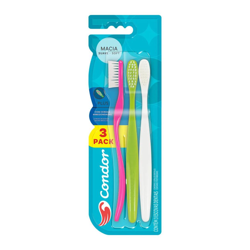 Pack Escova Dental Macia Arredondadas Condor Plus 3 Unidades