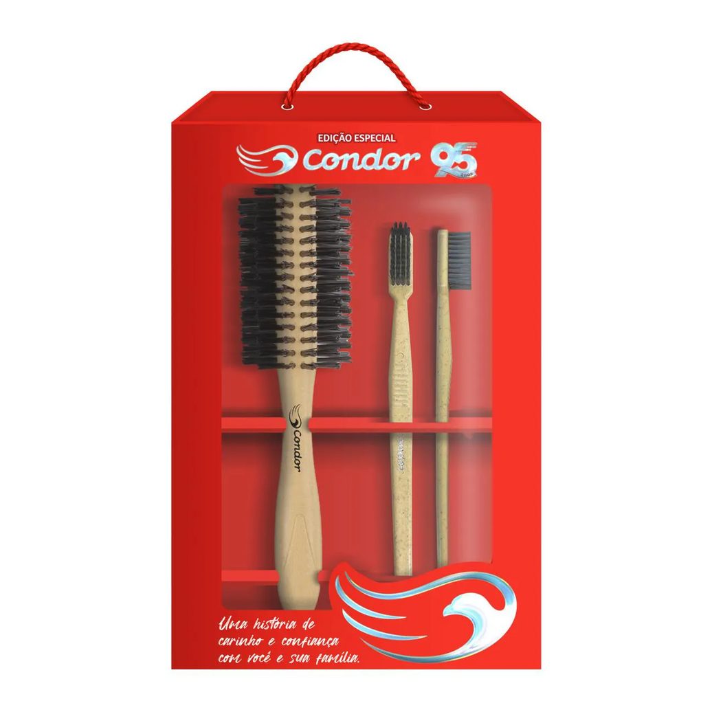 Kit 2 Escovas Dentais Macias + 1 Escova para Cabelo Condor Edição Especial 95 Anos