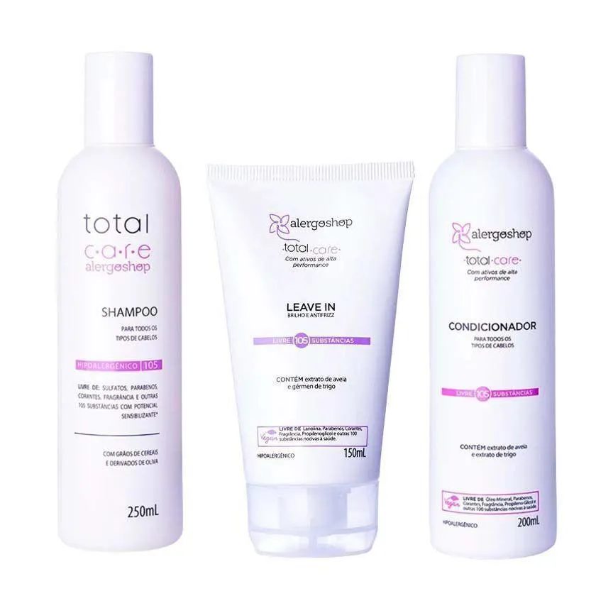 Kit Shampoo 250ml + Condicionador 200ml + Leave In Hipoalergênico Total Care Alegorshop 150ml