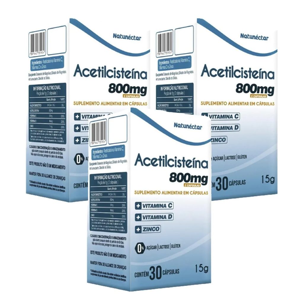 3x Acetilcisteína - Nac - 30 Cápsulas. - 800mg - Vitamina C D e Zinco