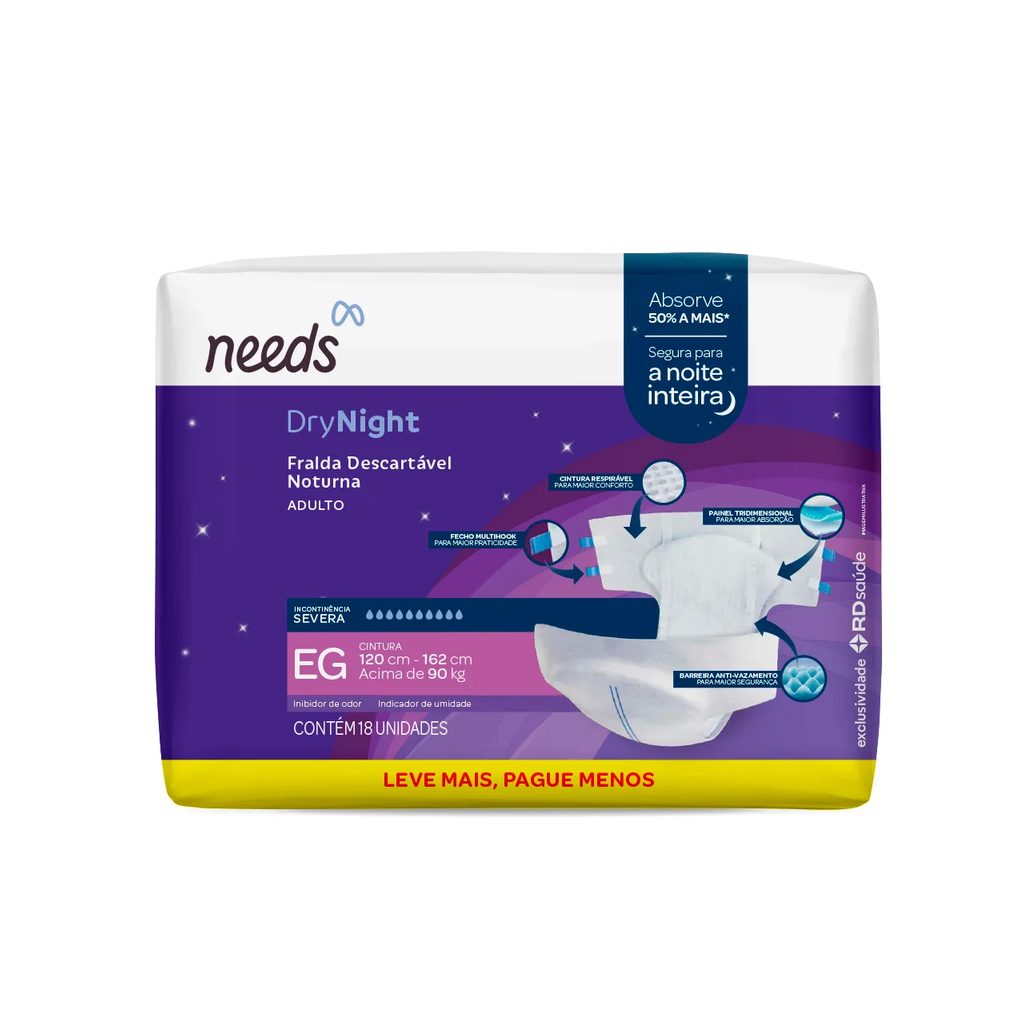 Fralda Geriátrica Noturna Descartável Needs Drynight Adulto EG 18 unidades