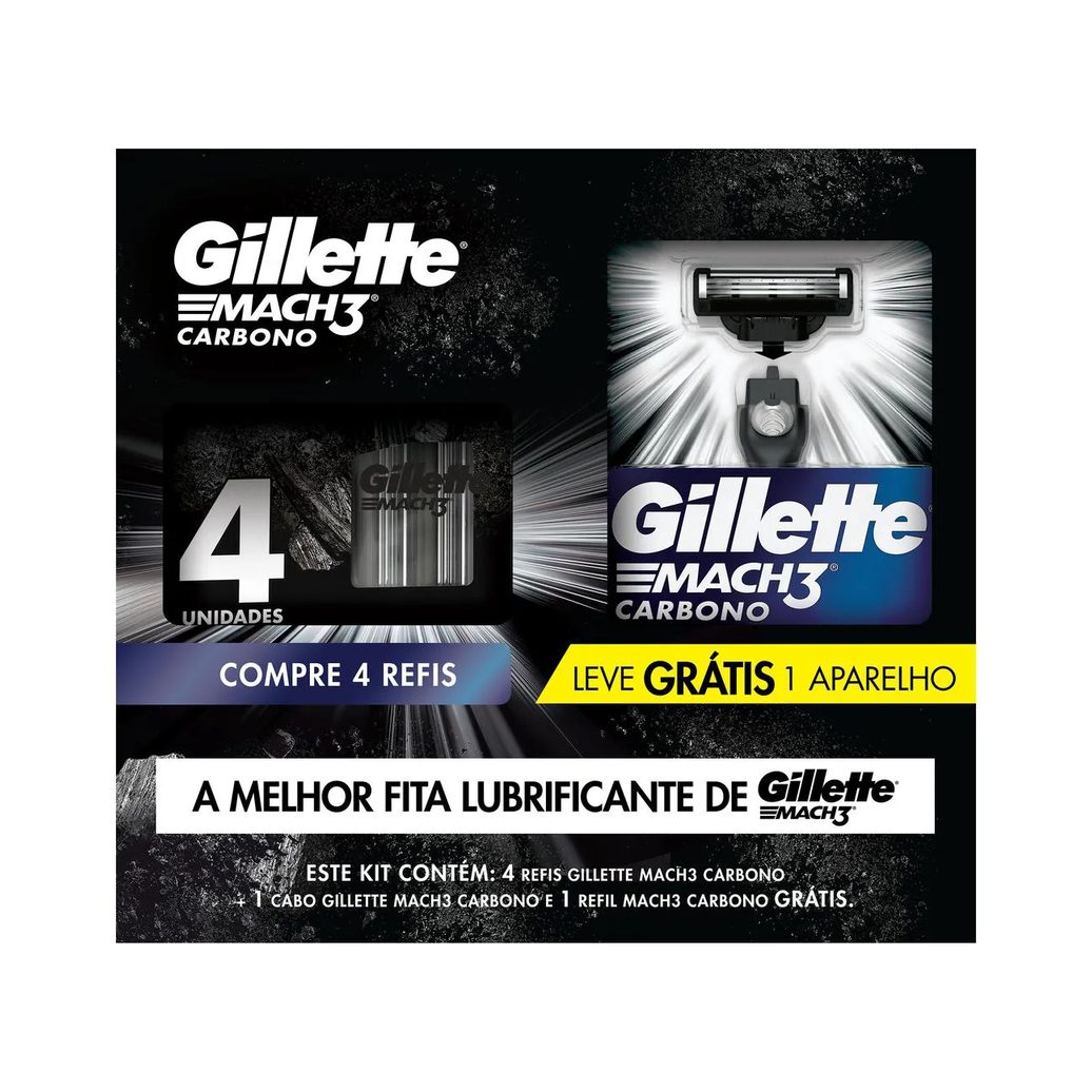 Kit Aparelho de Barbear Descartável Gillette Mach3 Carbono Carvão Ativado + 4 Refis