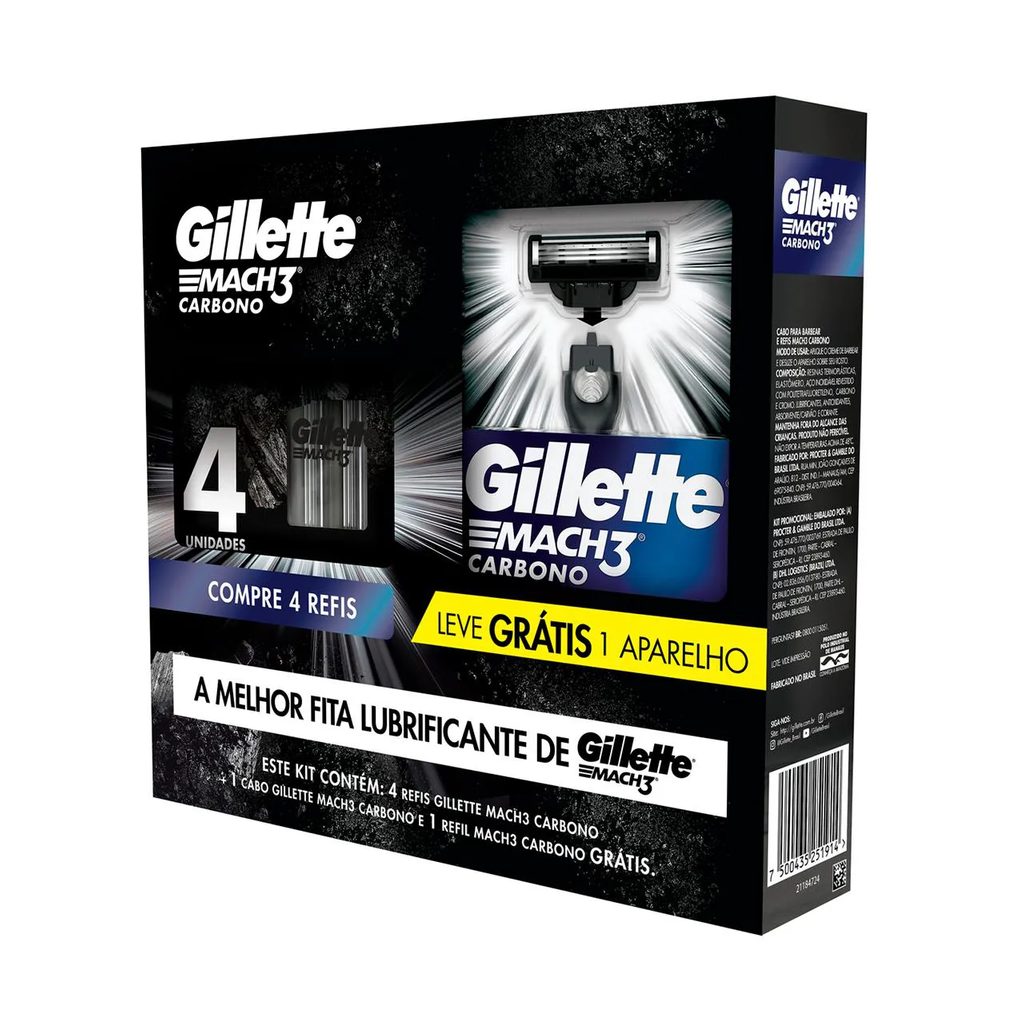Kit Aparelho de Barbear Descartável Gillette Mach3 Carbono Carvão Ativado + 4 Refis