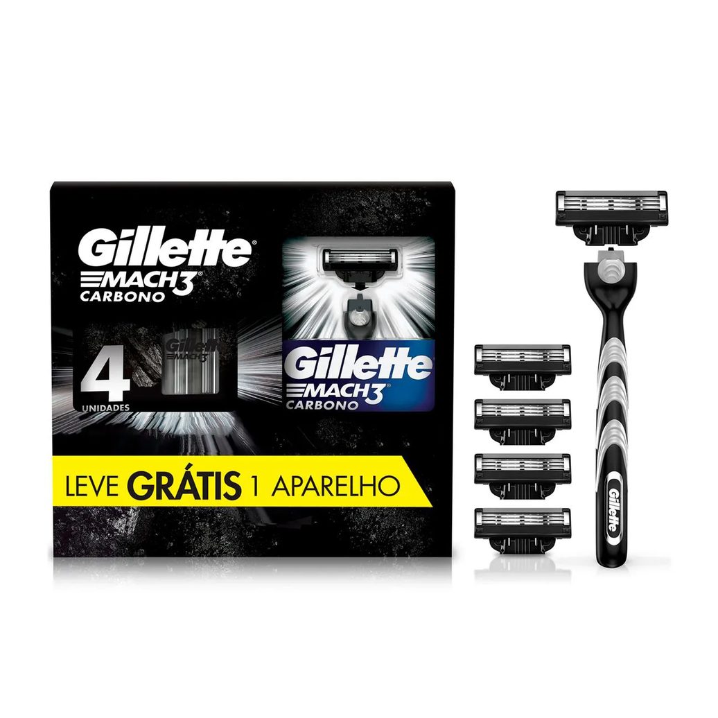 Kit Aparelho de Barbear Descartável Gillette Mach3 Carbono Carvão Ativado + 4 Refis