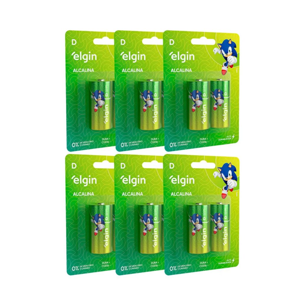 Kit 12 Pilha Alcalina D Lr20 Grande Blister 6 Cartela Elgin