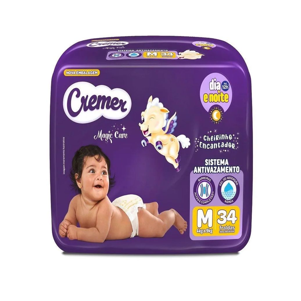 Fralda Descartável Cremer Magic Care Econômica Tamanho M - 8 Pacotes com 34 Fraldas - Total 272 Tiras
