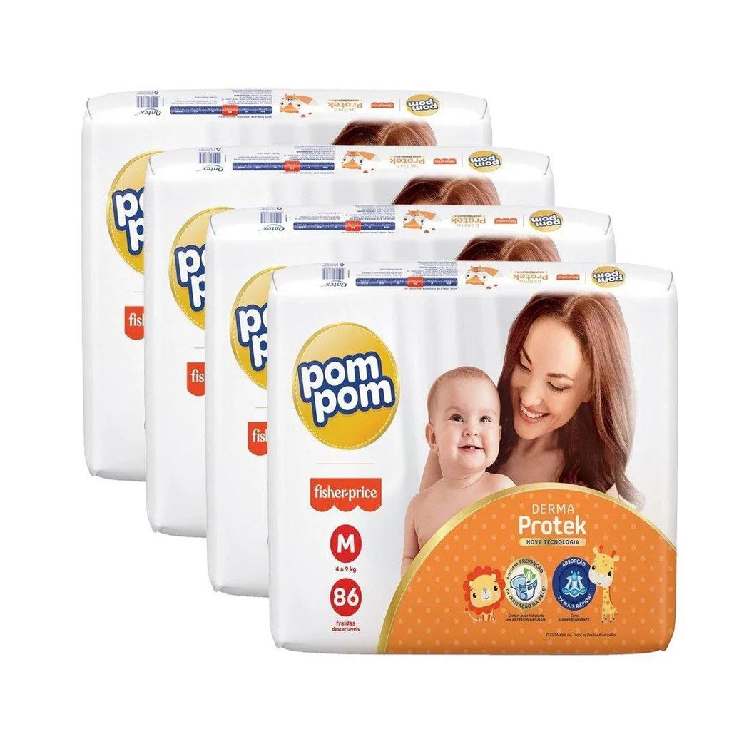 Fralda Descartável Pom Pom Derma Protek Hiper Tamanho M - 4 Pacotes com 86 Fraldas - Total 344 Tiras