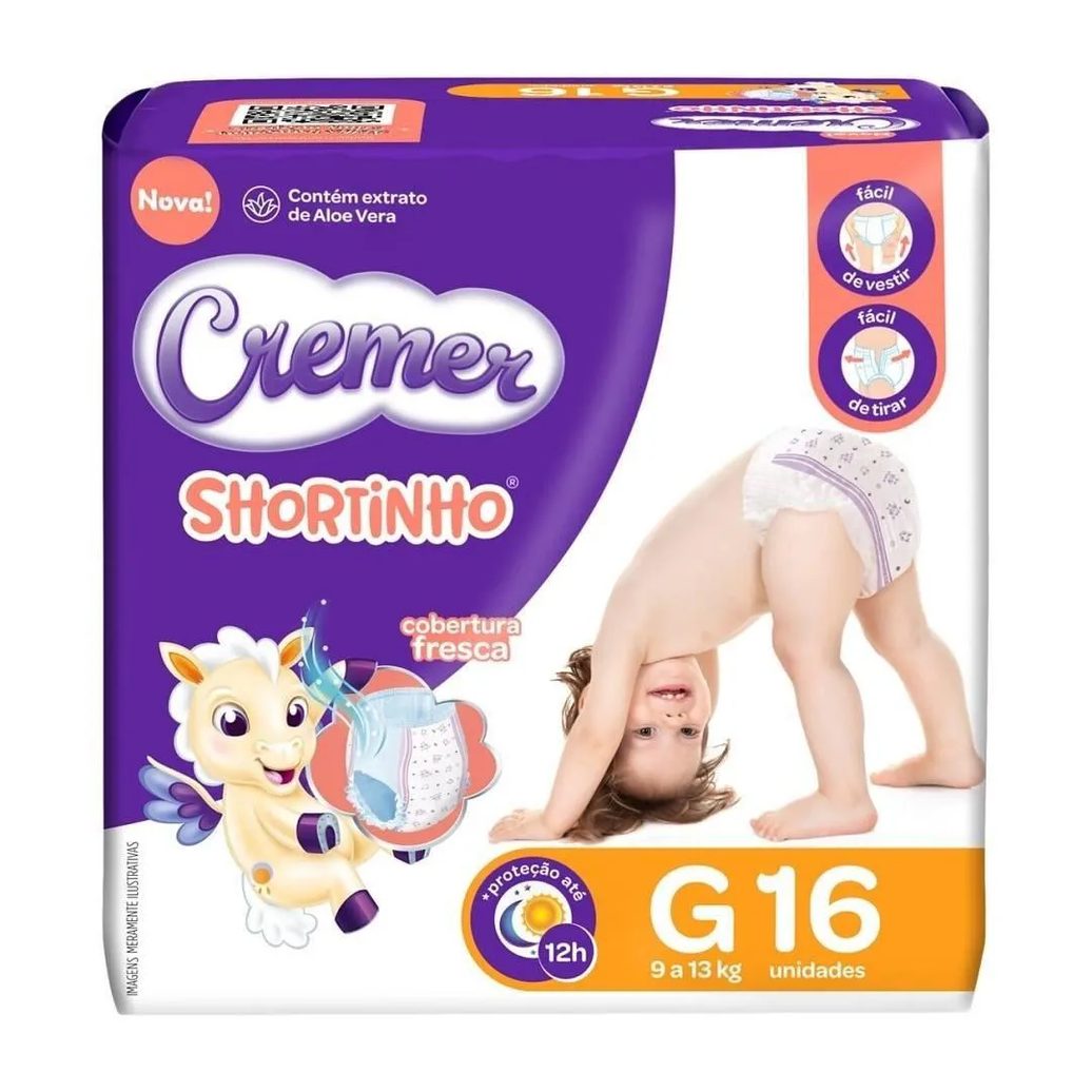 Fralda Descartável Cremer Shortinho Jumbinho Tamanho G - 8 Pacotes com 16 Fraldas - Total 128 Tiras