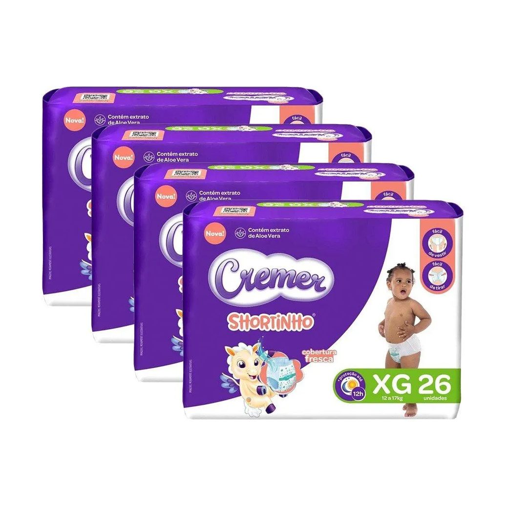 Fralda Descartável Cremer Shortinho Jumbo Tamanho Xg - 4 Pacotes com 26 Fraldas - Total 104 Tiras