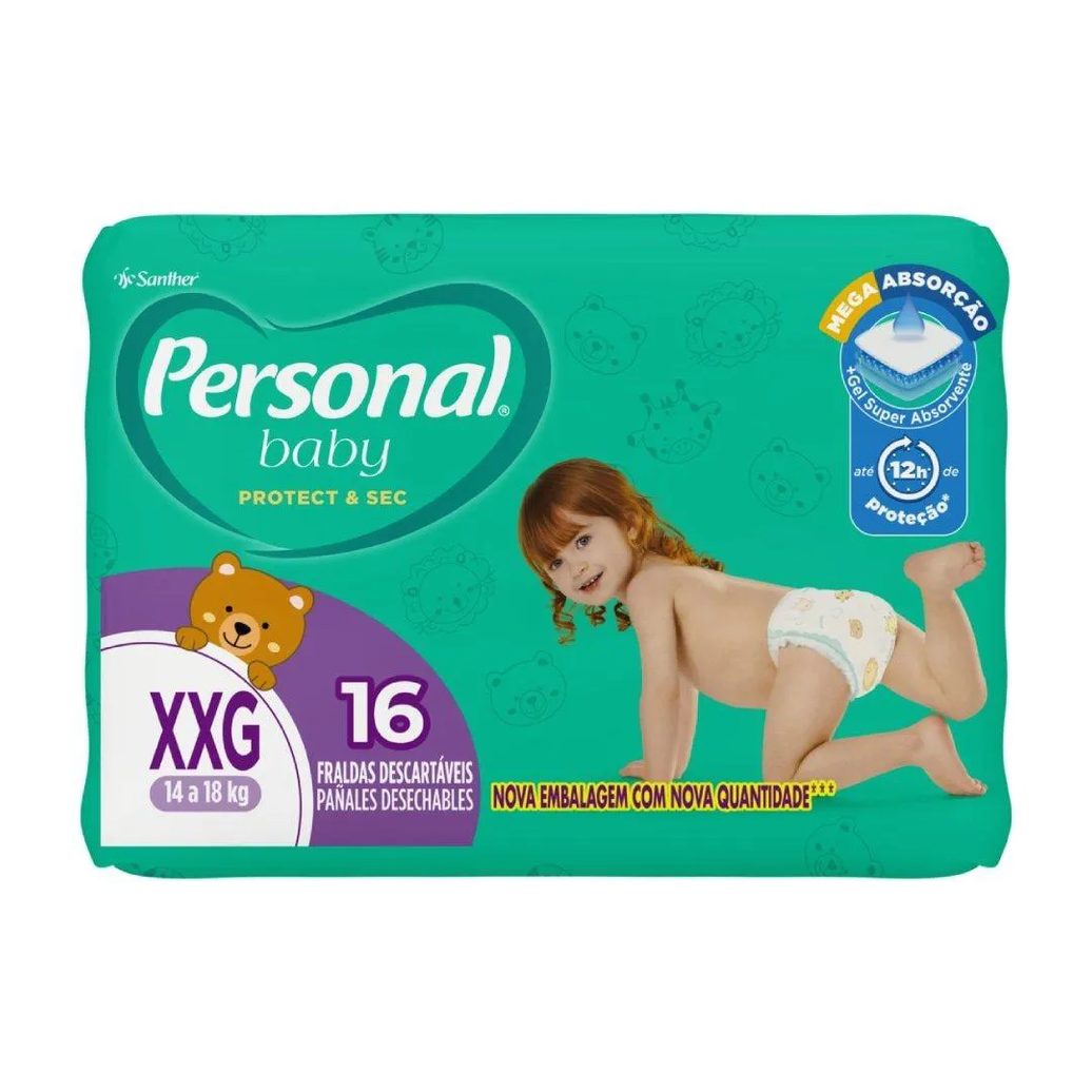 Fralda Descartável Personal Soft & Protect Jumbo Tamanho Xxg - 12 Pacotes com 16 Fraldas - Total 192 Tiras