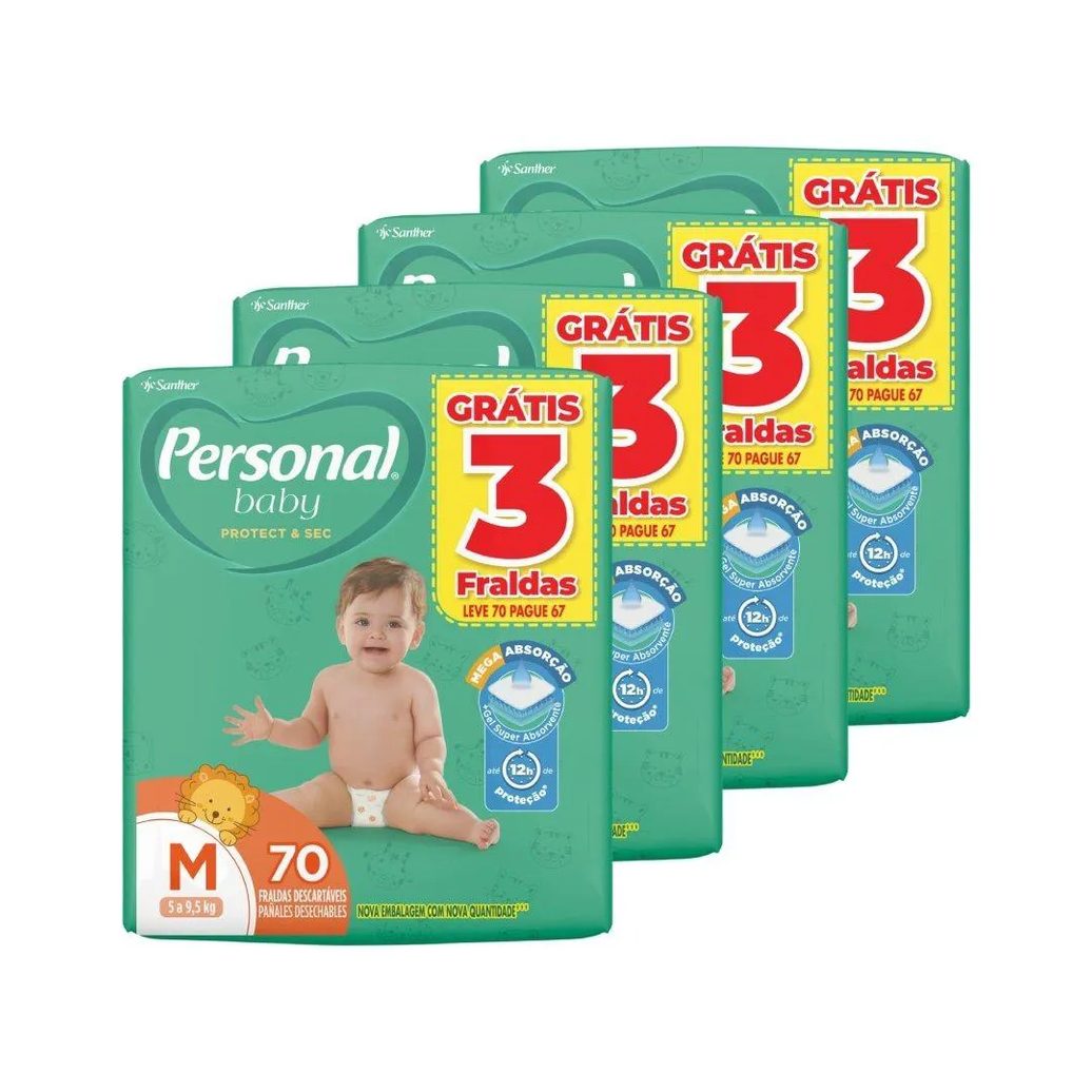 Fralda Descartável Personal Soft & Protect Hiper Tamanho M - 4 Pacotes com 70 Fraldas - Total 280 Tiras