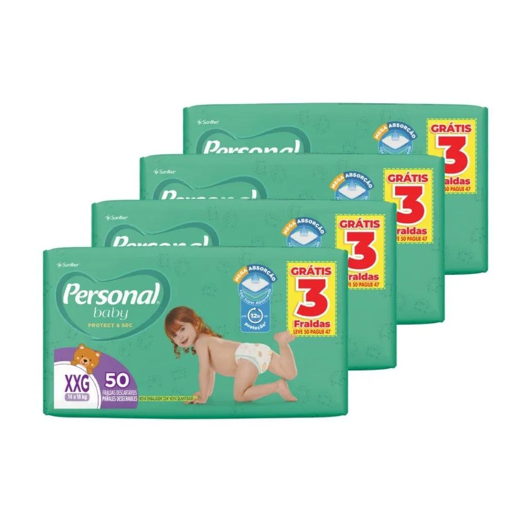 Fralda Descartável Personal Soft & Protect Hiper Tamanho Xxg - 4 Pacotes com 50 Fraldas - Total 200 Tiras