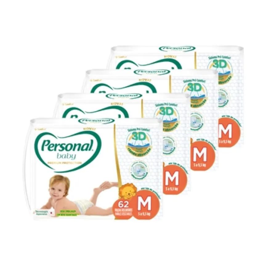 Fralda Descartável Personal Premium Hiper Media - 4 Embalagens com 62 Fraldas - Total de 248 Tiras