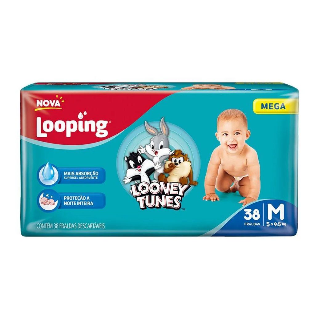 Fralda Descartável Looping Looney Tunes Mega Média - 6 Pacotes com 38 Fraldas - Total 228 Tiras
