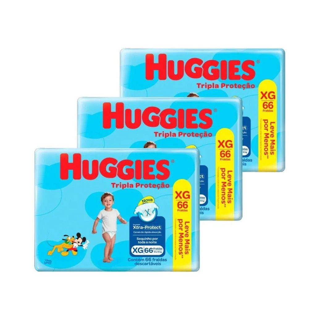 Fralda Descartável Huggies Hiper Tripla Proteção Tamanho Xg - 3 Pacotes com 66 Fraldas - Total 198 Tiras