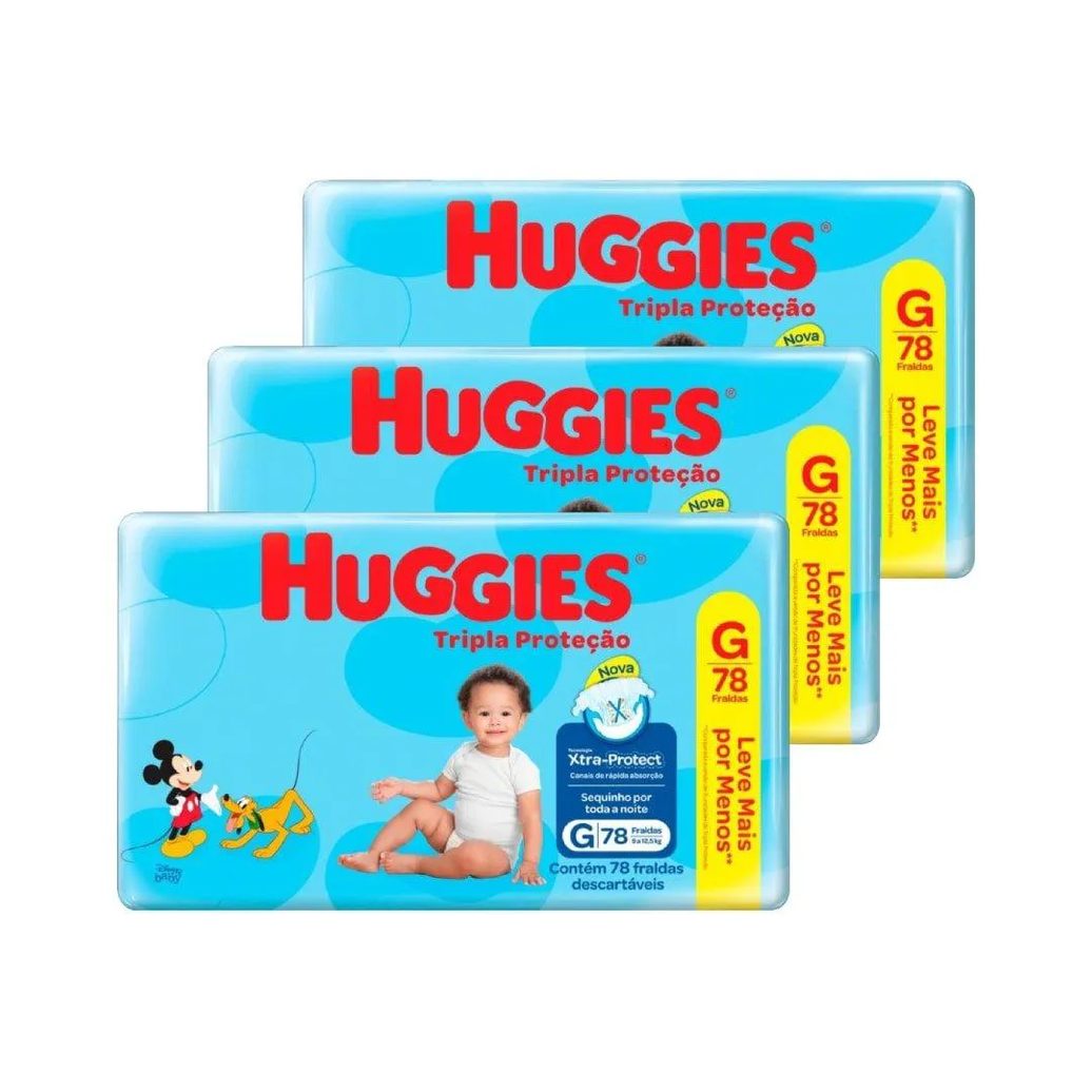 Fralda Descartável Huggies Hiper Tripla Proteção Tamanho G - 3 Pacotes com 78 Fraldas - Total 234 Tiras