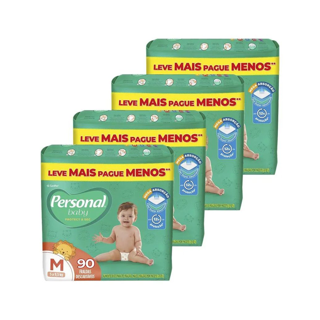 Fralda Descartável Personal Giga Média - 4 Embalagem com 90 unidades - Total de 360 Tiras