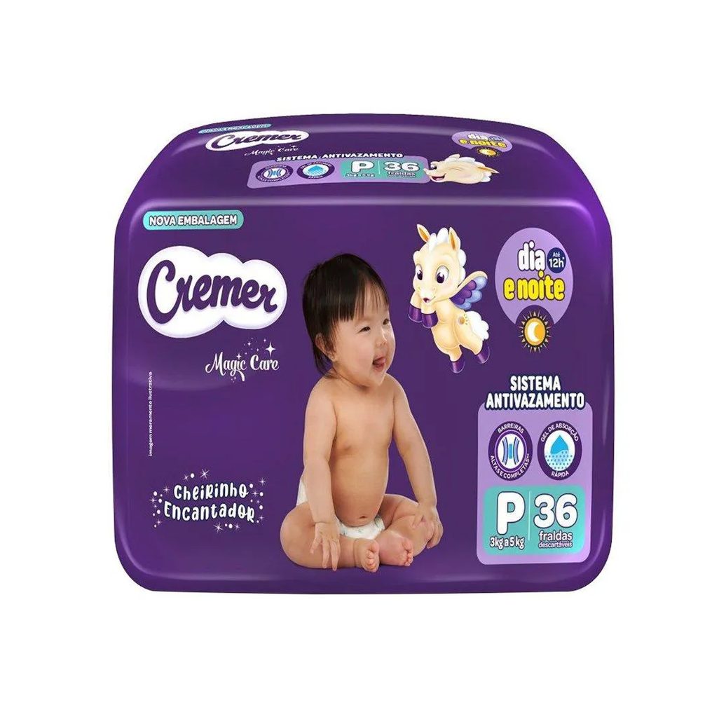 Fralda Descartável Cremer Magic Care Econômica Tamanho P - 8 Pacotes com 36 Fraldas - Total 288 Tiras