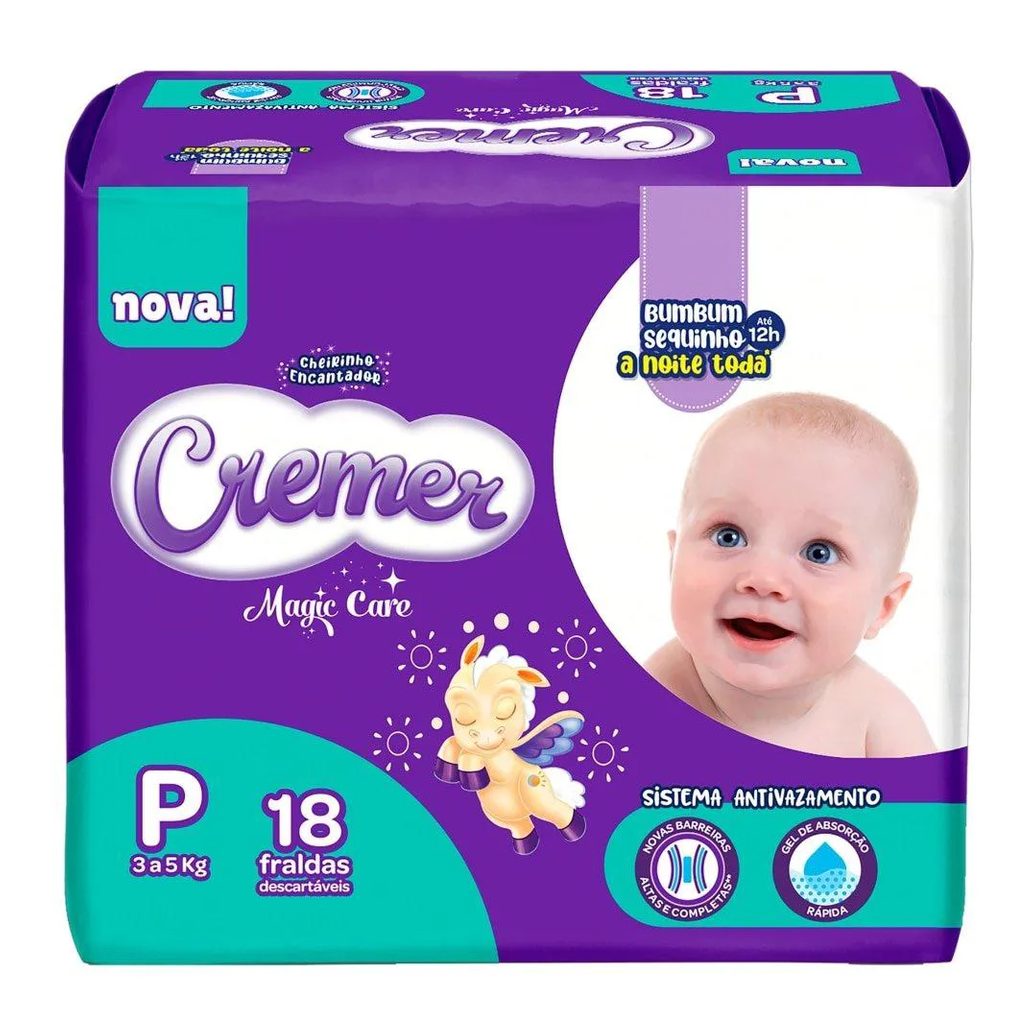 Fralda Descartável Cremer Jumbinho Tamanho P - 8 Pacotes com 18 Fraldas - Total 144 Tiras