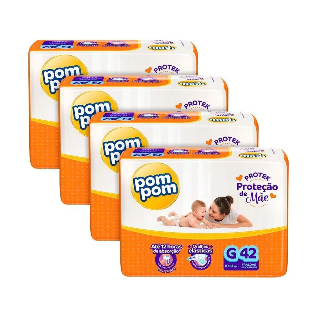Fralda Descartável Pom Pom Derma Protek Mega Tamanho G - 4 Pacotes com 42 Fraldas - Total 168 Tiras