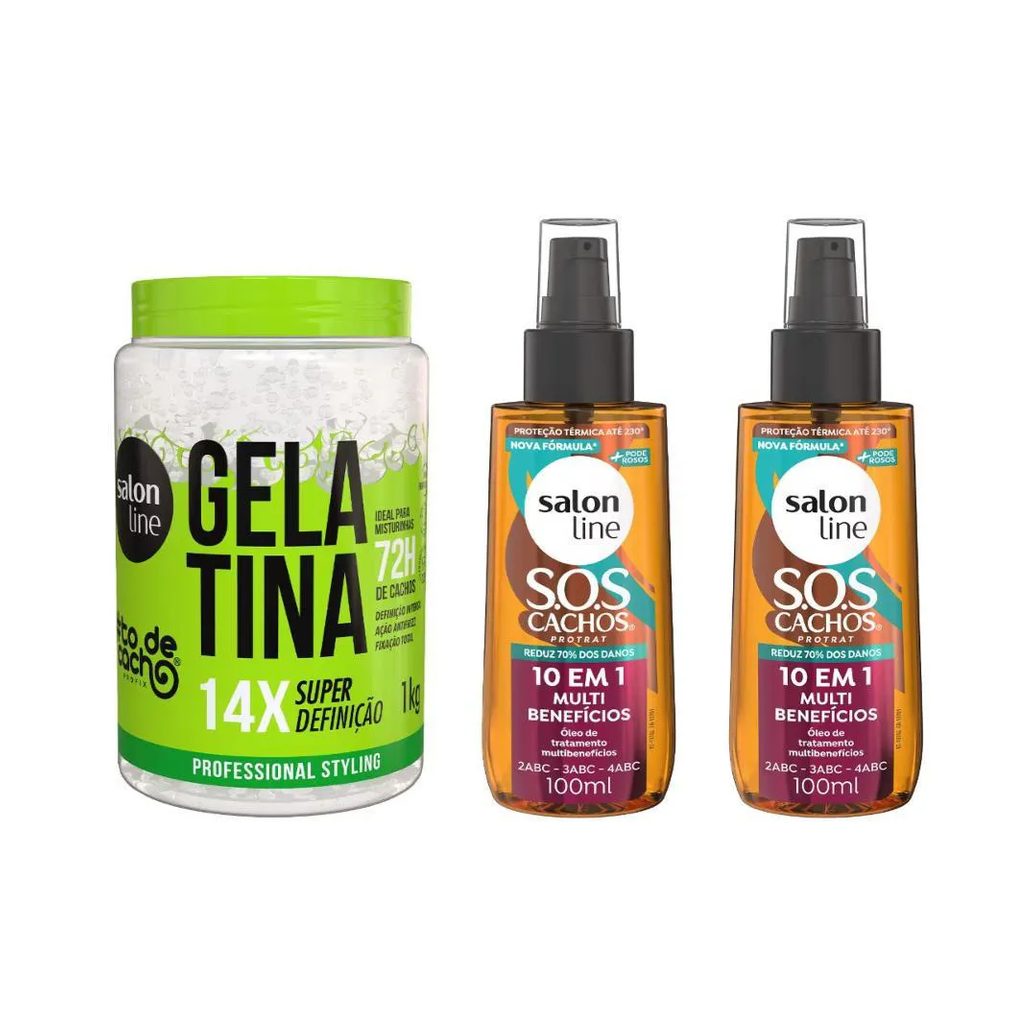 Kit Gelatina #todecacho Super Definição + 2 Óleos Sos Cachos 10 em 1 Multibenefícios