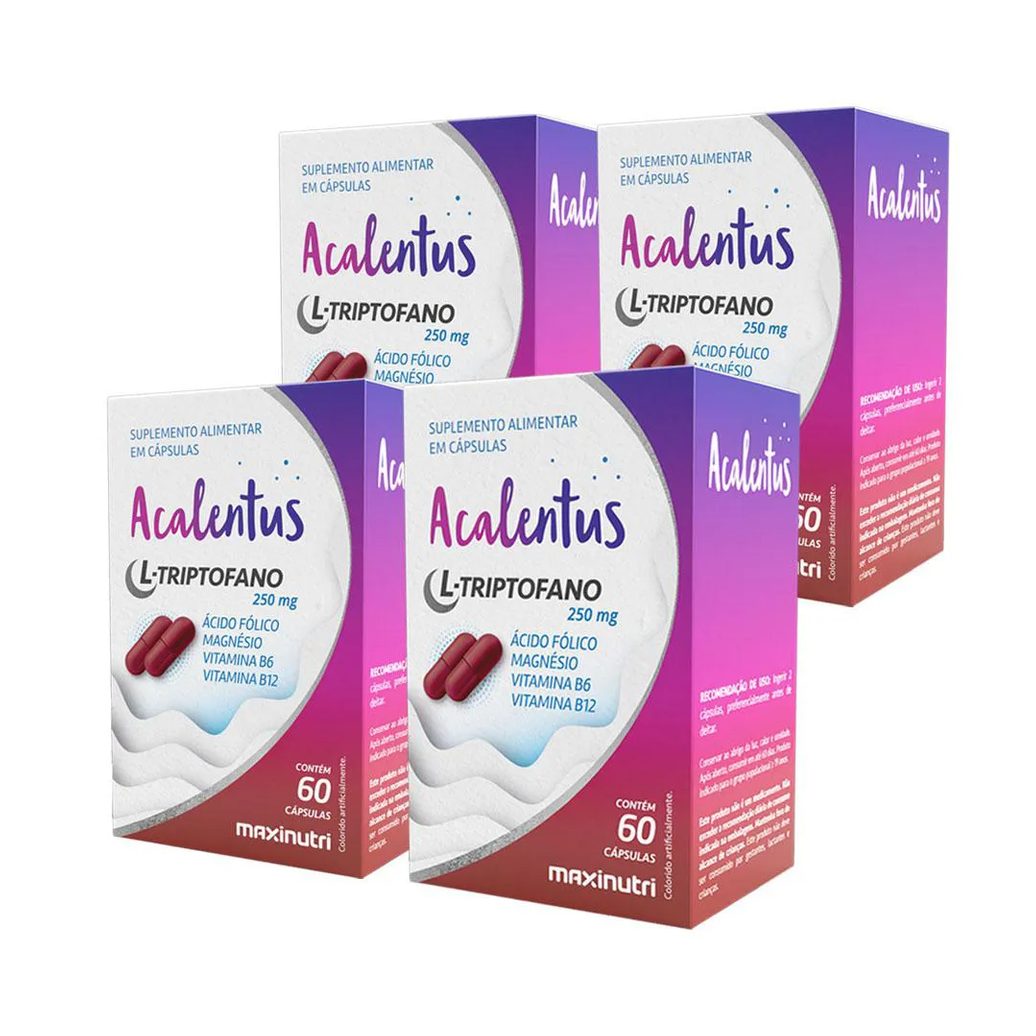 KIT 4 ACALENTUS L-TRIPTOFANO ÁCIDO FóLICO MAGNéSIO VITAMINA B6 E B12 MAXINUTRI 60 CáPS