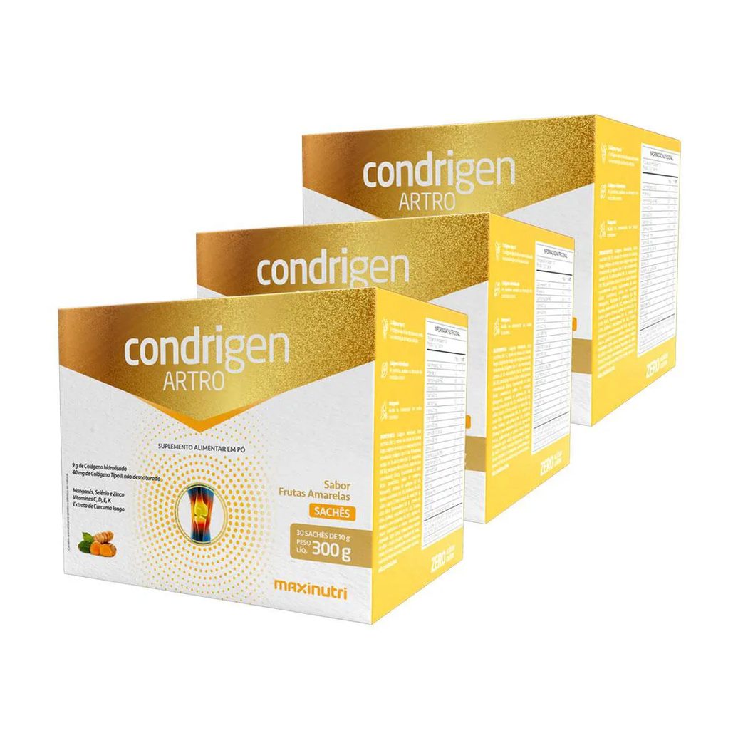 KIT 3 CONDRIGEN ARTRO COLáGENO TIPO 1 E TIPO 2 SACHêS FRUTAS AMARELAS MAXINUTRI