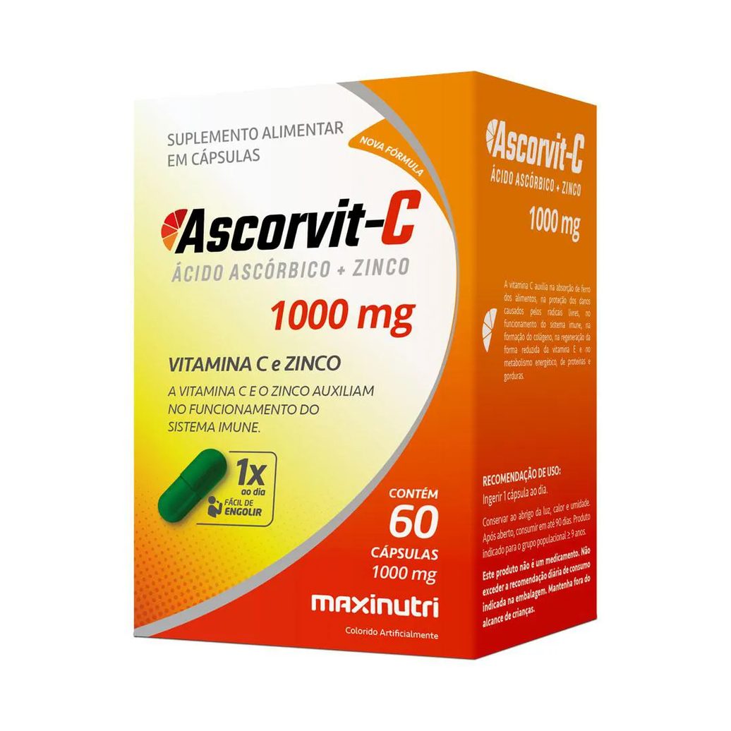ASCORVIT ÁCIDO ASCóRBICO VITAMINA C E ZINCO 60 CáPULAS MAXINUTRI