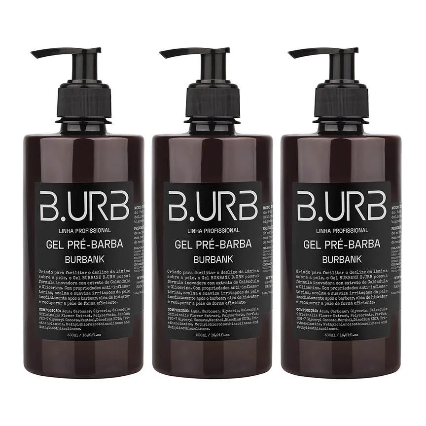 Kit 3 Gel Pré Barba Burbank 500ml Profissional Bancada Barbearia Barba Urbana B.urb