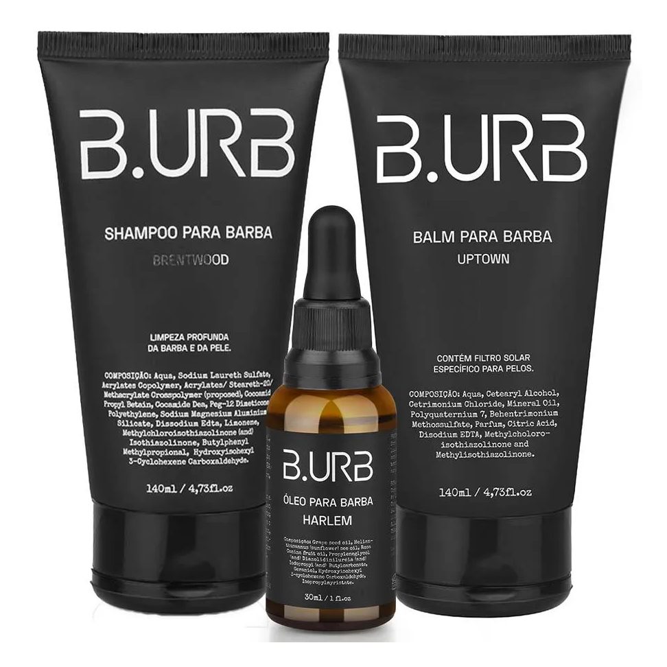 Kit Shampoo Brentwood + Balm Uptown + Óleo Harlem Amadeirado Barba Urbana B.urb