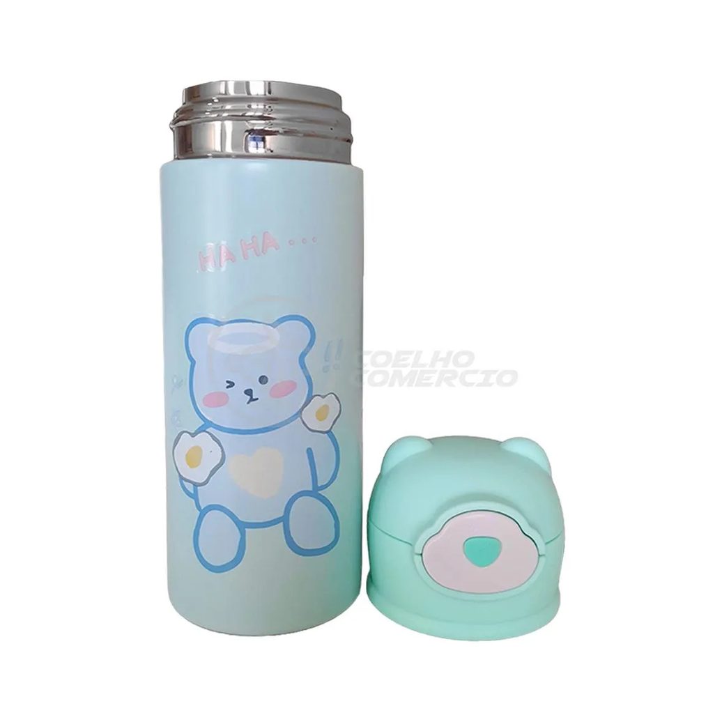 Garrafa Infantil de Ursinho Verde Térmica Aço Inoxidável 420ML Água Suco e Chá Quente e Frio até 12H