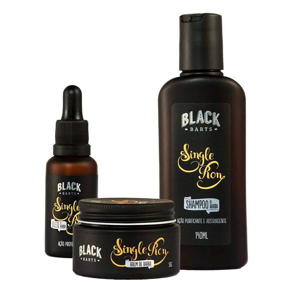 Kit Barba Balm em Cera + Shampoo + Óleo Hidratante Single Ron Black Barts