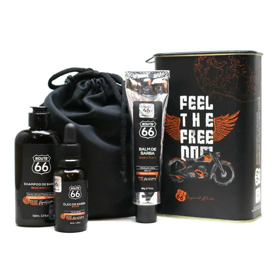 Kit Barba Route 66: Shampoo + Balm + Óleo + Bag + Lata Viking (consulte Estampa)
