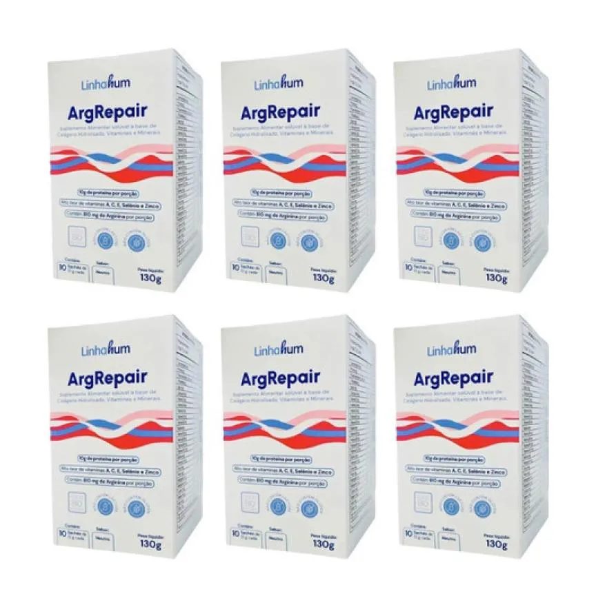 Kit 6 Pack Suplemento Argrepair Cicatrização Pós Op Linhahum 130g Branco Neutro