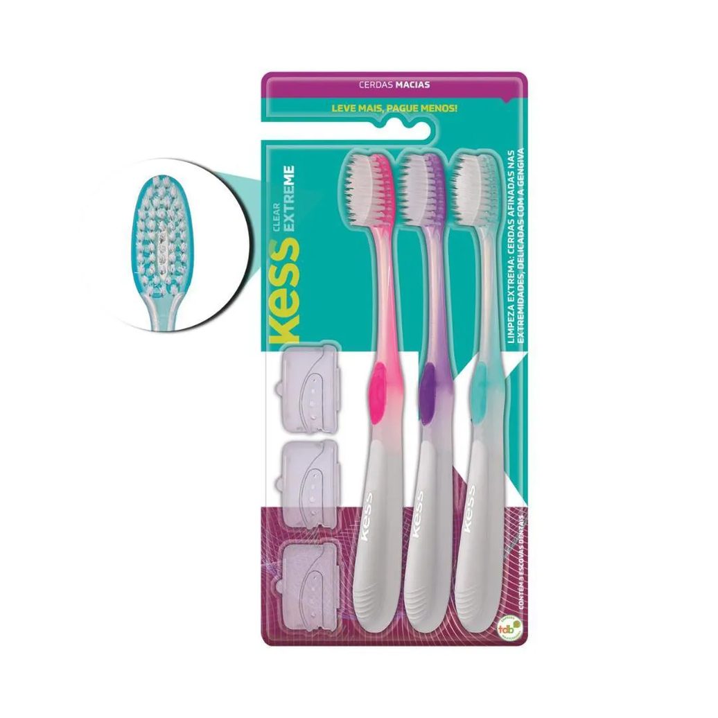 Escova Dental Kess Clear Extreme Macias C/3 Cores Sortidas Cód.2101