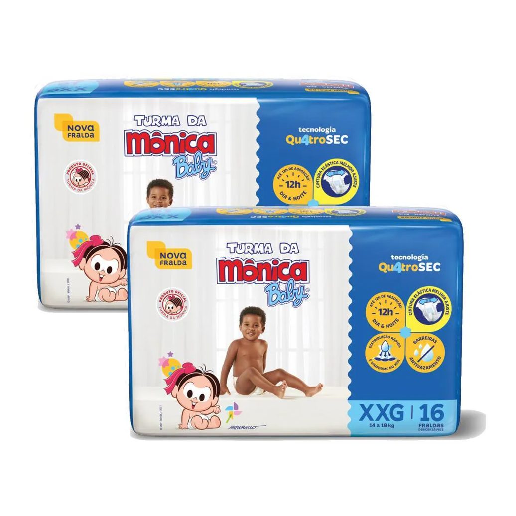 Kit 2 Fraldas Turma da Mônica Baby Jumbo Xxg com 16un Cada