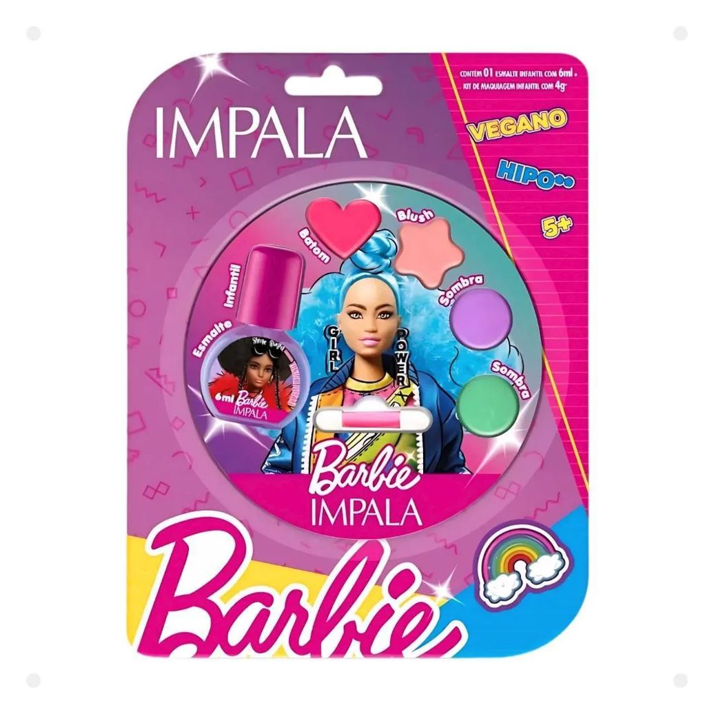 Kit Impala Barbie:1 Esmalte e Paleta de Maquiagem Infantil Extraordinária