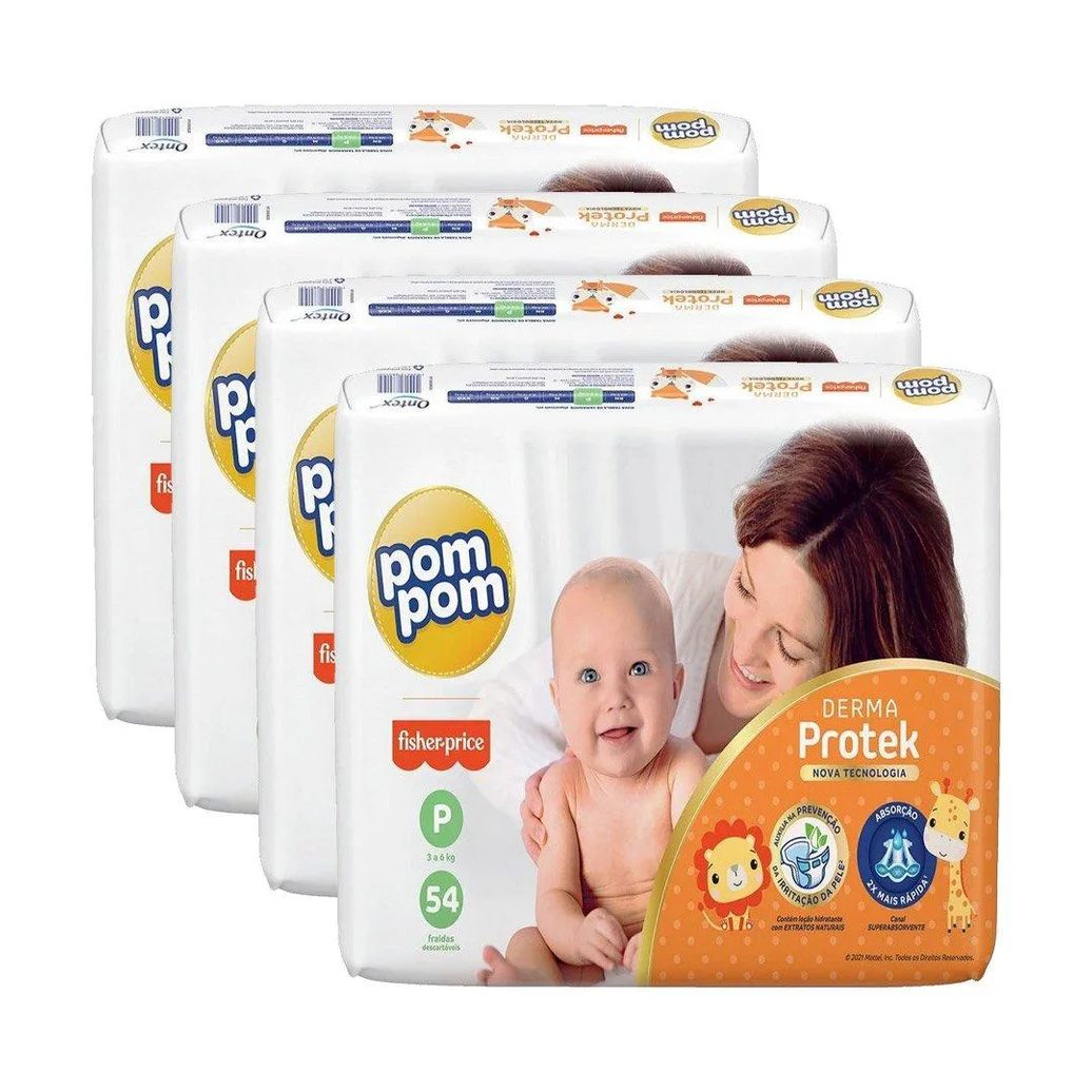 Fralda Descartável Pom Pom Derma Protek Mega Tamanho P - 4 Pacotes com 54 Fraldas - Total 216