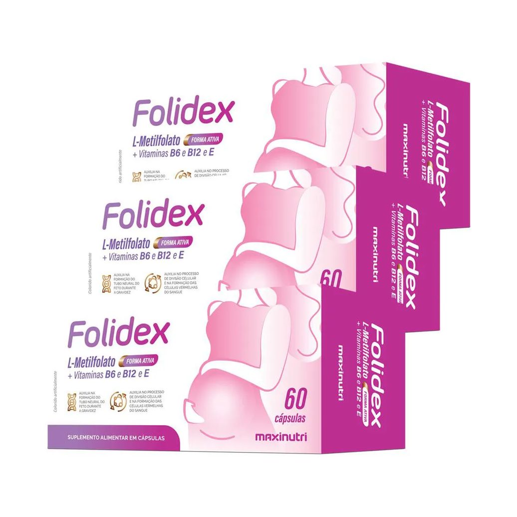 KIT 3 FOLIDEX L-METILFOLATO DE CáLCIO VITAMINAS B6-B12-E 60 CáPS MAXINUTRI
