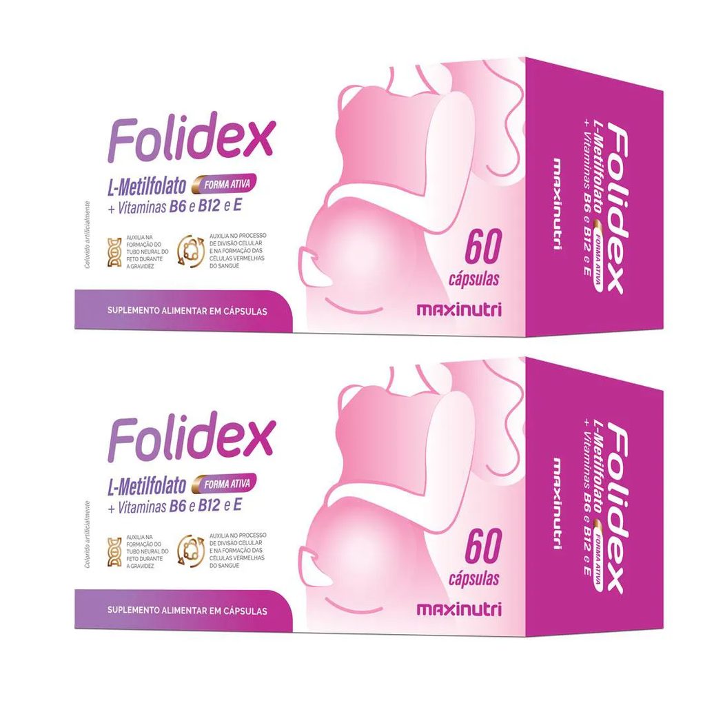 KIT 2 FOLIDEX L-METILFOLATO DE CáLCIO VITAMINAS B6-B12-E 60 CáPS MAXINUTRI