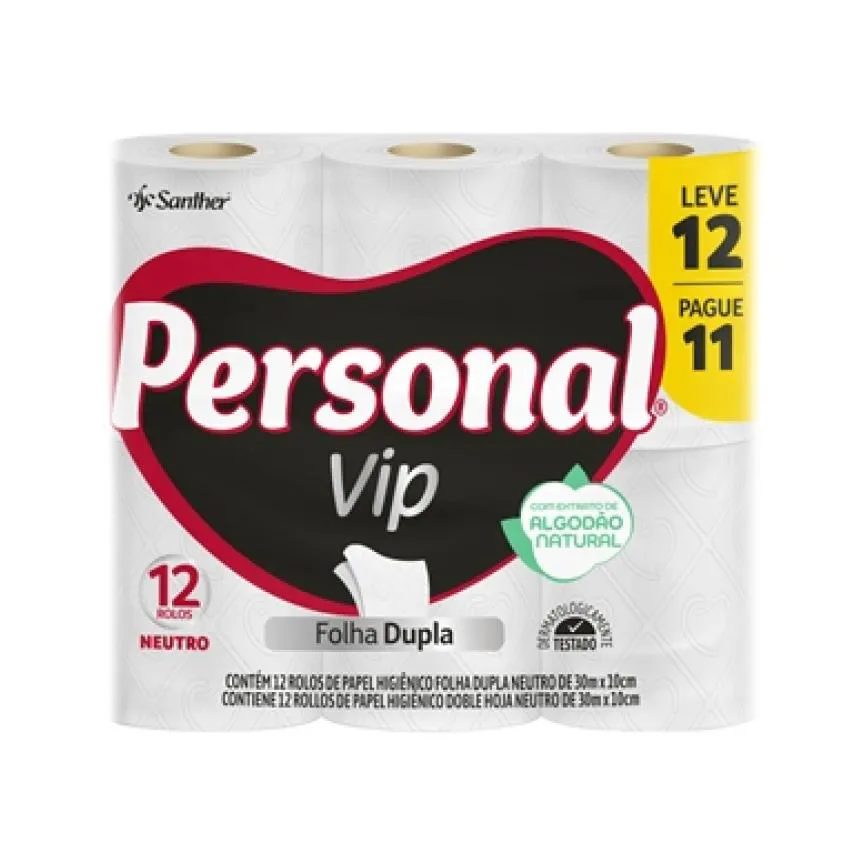 Papel Higiênico Personal Vip Folha Dupla Neutro 30m 6 Embalagem com 12 unidades