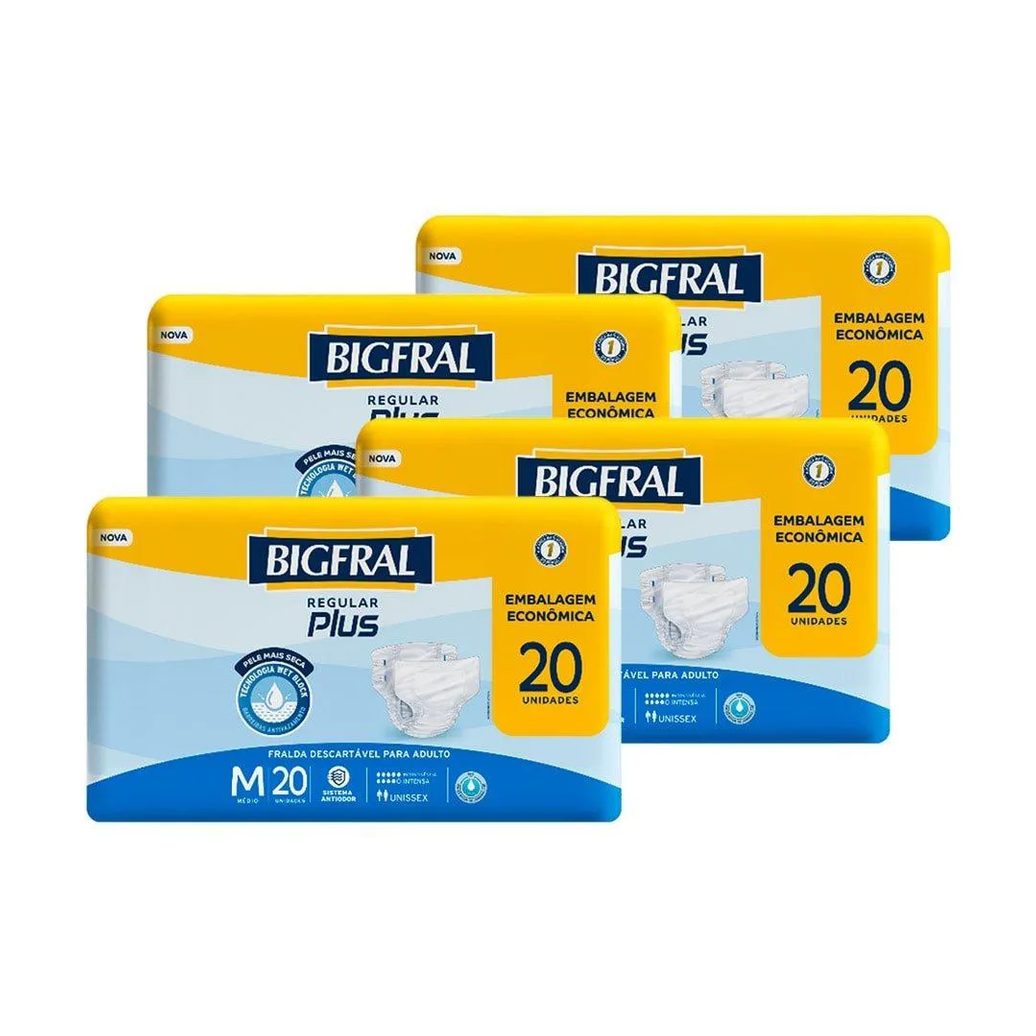 Fralda Descartável Geriátrica Bigfral Plus Regular Tamanho M - 4 Pacotes com 20 Fraldas - Total 80 Tiras