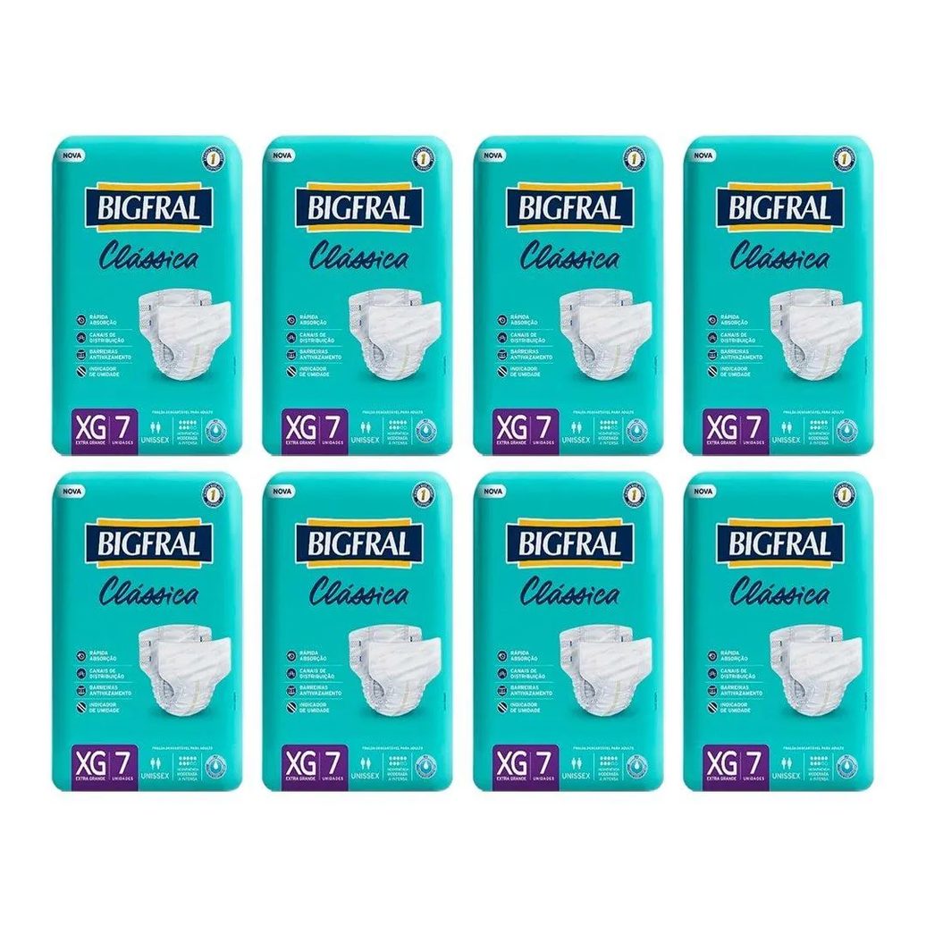 Fralda Descartável Adulto Bigfral Clássica Extra Grande 8 Pacotes C/ 7 Fraldas