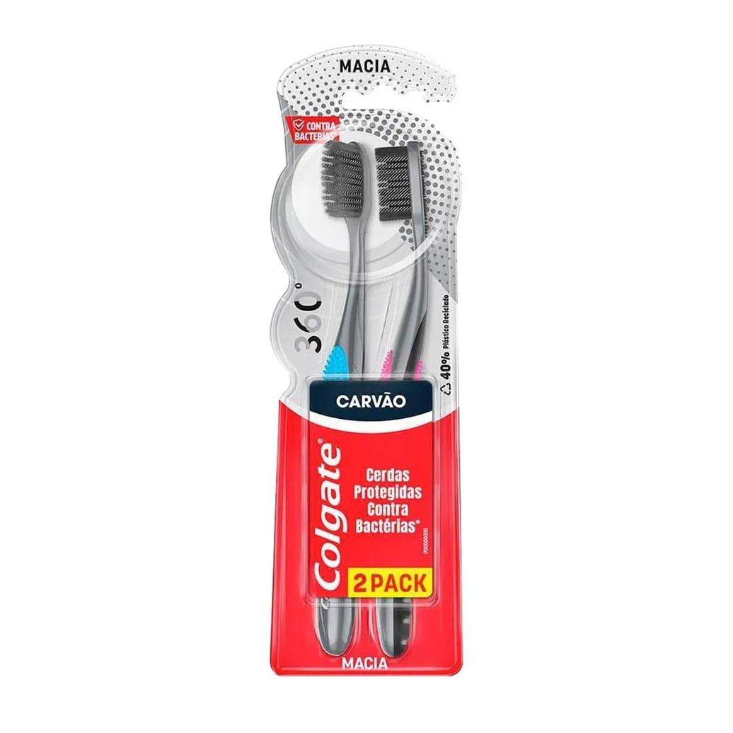 Escova Dental Colgate Contra Bactérias 360º Black Carvão Embalagem 2 unidades