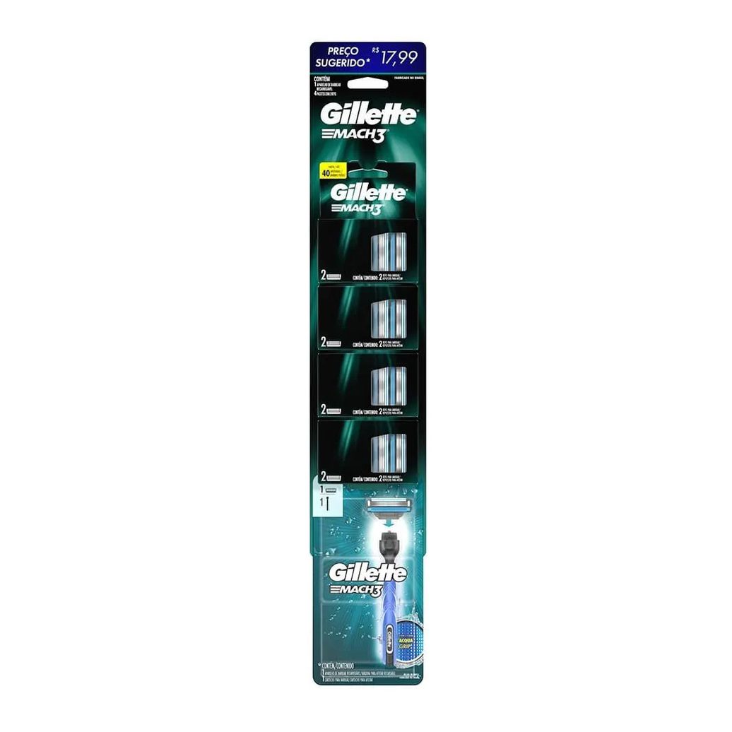 Carga Gillete Mach3 4 Embalagens com 2 unidades + 1 Aparelho Gillete Mach3 Acqua Grip