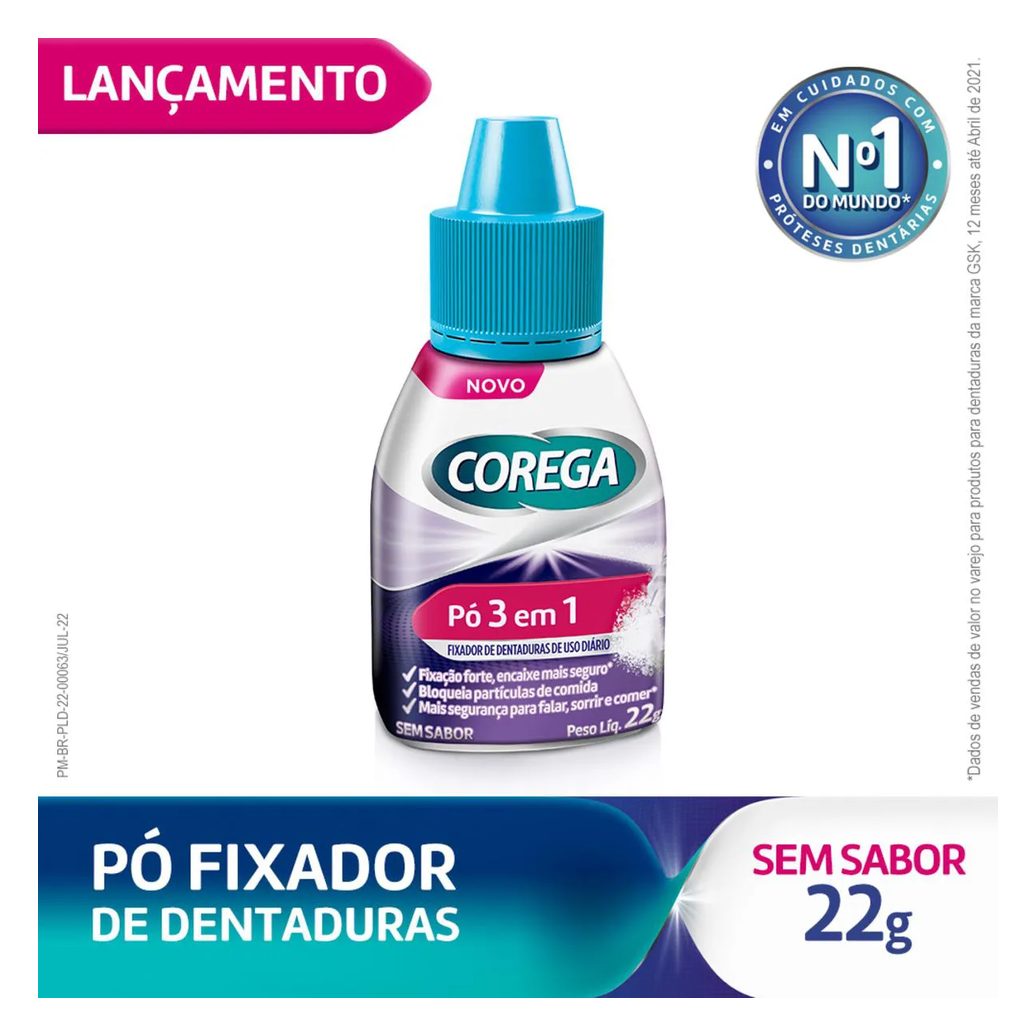 Pó Fixador de Dentaduras Corega 3 em 1 Sem Sabor 22g