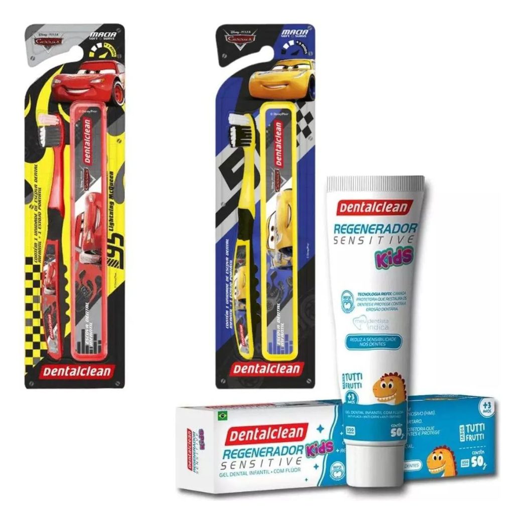 Escova + Estojo Carros + Gel Regenerador KIDS - Dentalclean